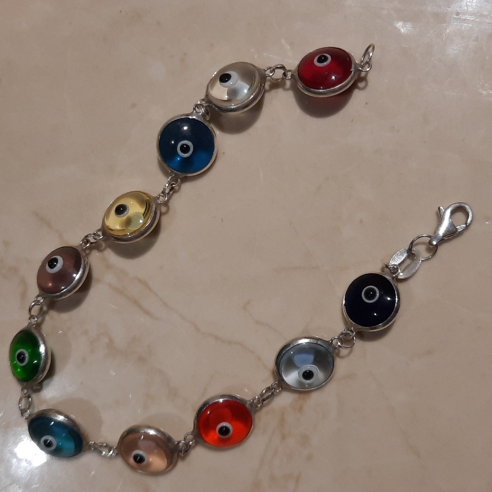 Authentic Evil Eye Genuine Solid Sterling Silver Bracelet 7.25" Multi Colored